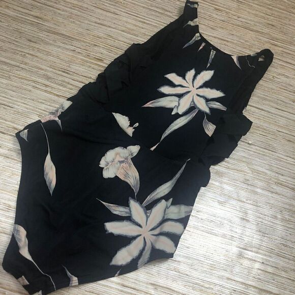 3466 ROXY high neck laced sides One-Piece Swimsuit BLACK TROPICAL sz S - Picture 2 of 2